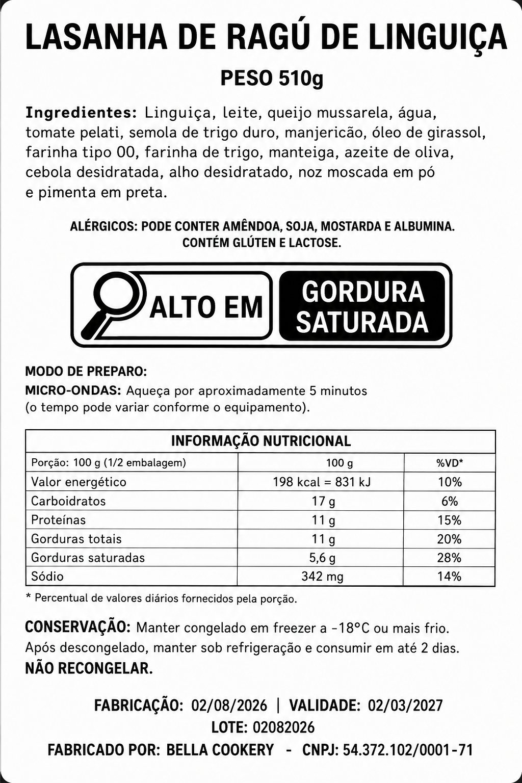 Tabela de informação nutricional